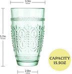CREATIVELAND Colored Vintage Drinking Glasses Set of 4, 15.5 oz Romantic Embossed Water Glasses, Colored Tumblers Tempered Glass for Juice, Beverages, Beer, Cocktail (Green)