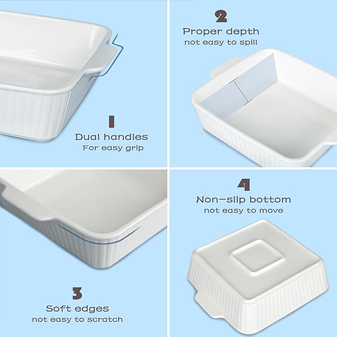 10" Square Ceramic Casserole Dish Set of 2-2.6 Qt Deep Baking Dishes with Handles for Oven, Lasagna Pan for Casseroles Cake Bread, Microwave Dishwasher Safe Bakeware Set, White