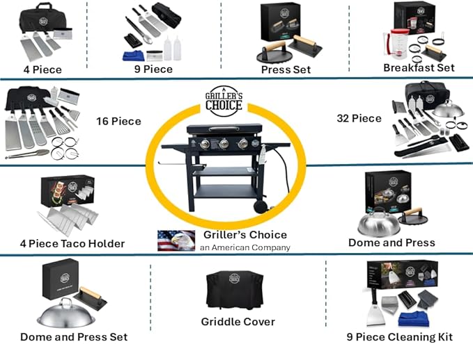 Griller's Choice Gas Griddle with Hinged Hood, Wind Guards, Front Grease Management, 4 Shelves, Propane Griddle for Flattop Grills Outdoor Cooking