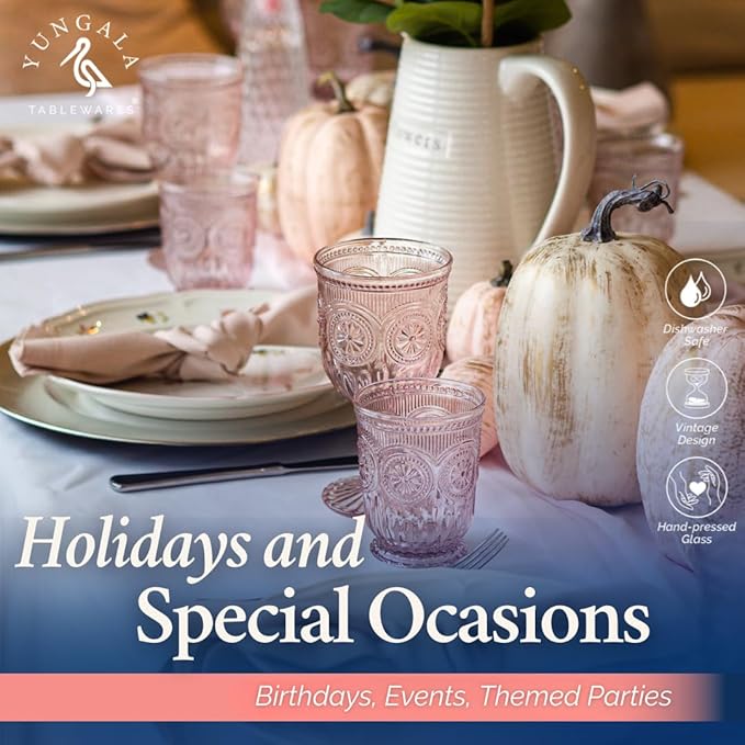 Yungala Pink Wine Glasses Set of 6 Vintage Hobnail Goblets 10 oz Transparent Glassware with Stems Dishwasher Safe