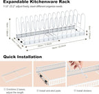 Housolution Pot and Pan Organizer Rack for Cabinet, Upgraded Expandable Pot Lid Organizer with 14 Adjustable Dividers, Pan Holder Storage Rack for Kitchen Cabinet, White