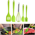 Silicone Kitchen Utensil Set 5pcs Green Baking Cooking Gadgets with Egg Whisk, Shovel, Brush, and Scrapers for Home Cooking and Baking
