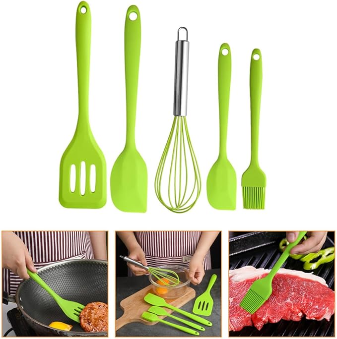 CALLARON Silicone Kitchen Cooking Tools Set 5pcs Utensil Kit with Egg Whisk, Shovel, Brush, and Scraper for Baking and Food Preparation, Green