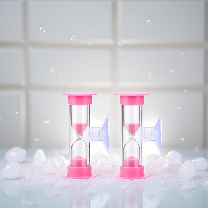 2Pcs Pink 2 Minute Plastic Sand Timer Hourglass Sand Clock with Suction Cup Time Funnel Shower Timer Tooth Brushing Time Reminder Timers Thermometers Kitchen and Dining
