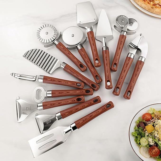 12-Piece Kitchen Tools and Gadgets Set with Wood Imitation Handle BRIIEC Stainless Steel Cooking Utensils Kitchen Accessories Includes Can Opener Garlic Press Peeler