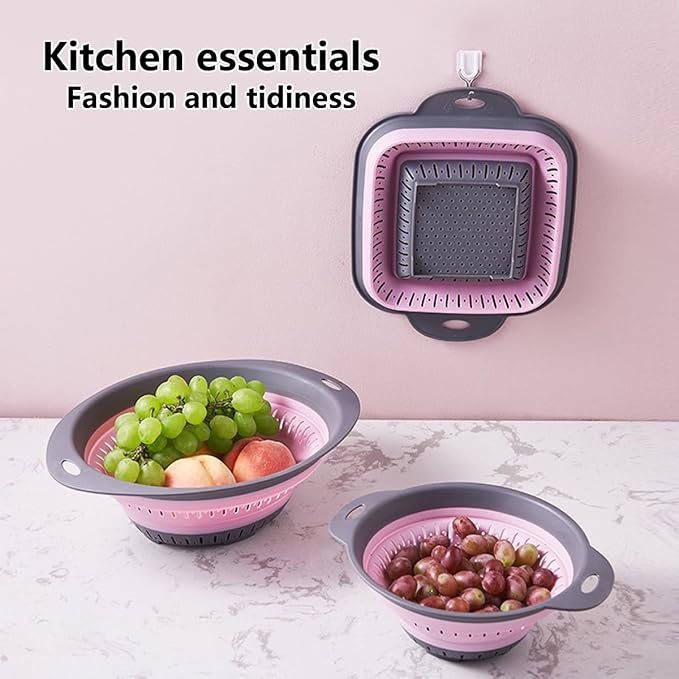 Collapsible Colander and Strainer,Silicone Strainer Colanders & Food Strainers,for Vegetable and Fruit, Kitchen Essentials (2, Pink, 2.5L+2.5L)