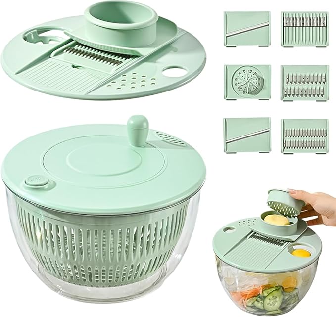 Salad Spinner with Slicer, Multifunctional Vegetable Spinner and Chopper, Large Capacity Salad Preparation Tool, Multi-blade Efficient Vegetable Washer for Home Kitchen (Green)