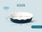 KooK Deep Dish Pie, Pecan Dessert Dish, Porcelain, Ceramic, Deep Dish Plate 10 Inch, Apple Pie, Ruffled Wave Edge, Reusable Round Pan, Oven and Dishwasher Safe, 44 Oz (Navy)