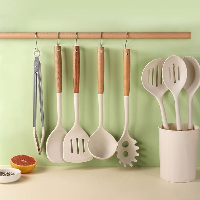 Silicone Kitchen Utensils Set 10 Piece, Heat Resistant, Non-Stick, Wooden Handle Cooking Tools