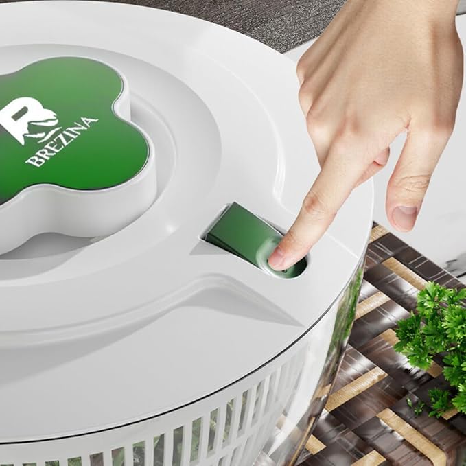 BREZINA Salad Spinner 6.3 QT with Easy Push Handle & Brake – Large Lettuce Dryer & Vegetable Washer, One-Handed Operation, BPA-Free Bowl & Colander for Salad, Fruits & Herbs – White