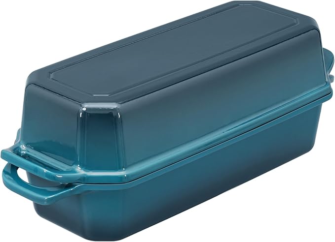 Flavehc Bread Pan Cast Iron Loaf Pan with Lid Bread Loaf Pan 13x5 Inch Enameled Cast Iron Sourdough Bread Pan,DarkCyan