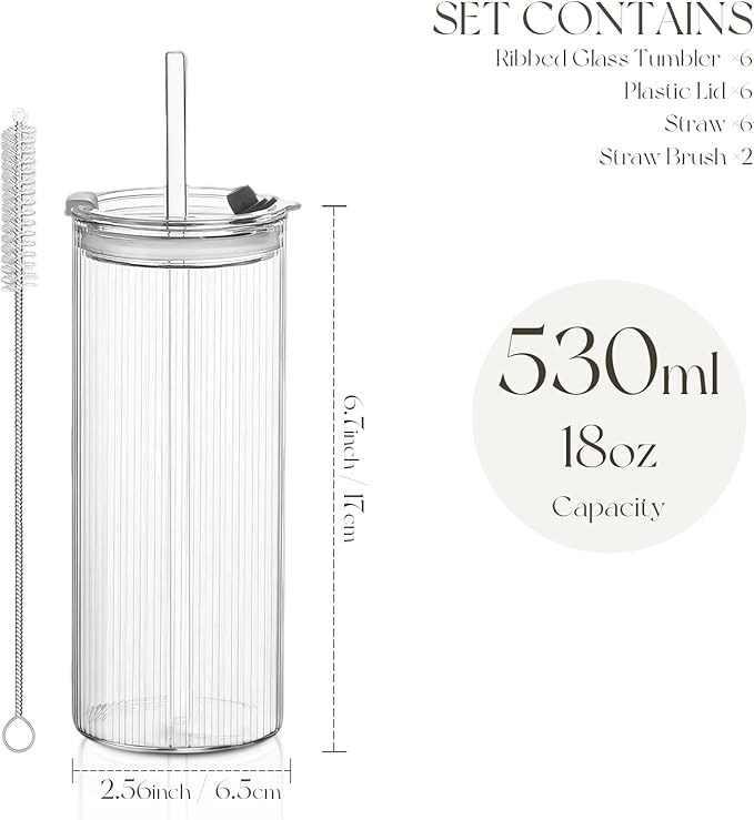 KEMORELA 6-Pack 18oz Ribbed Glass Cups with Lids & Straws – Round Textured Drinking Glasses for Iced Coffee, Bubble Tea, Juice & Smoothies – Reusable Clear Tumblers with Leakproof Lids & Straws