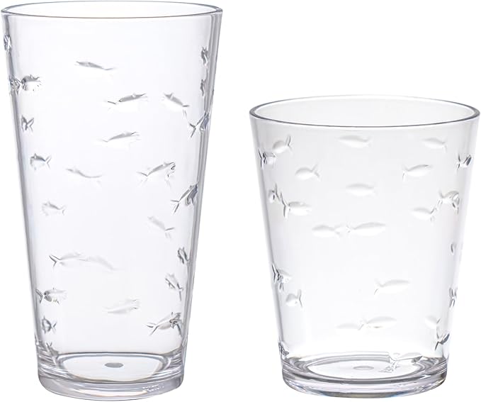 KLIFA- CHARLESTON- 16.5 & 19 oz, Set of 8, School of Fish Acrylic Drinking Glasses, BPA-Free, Stackable Plastic Drinkware, Dishwasher Safe Cups, Clear