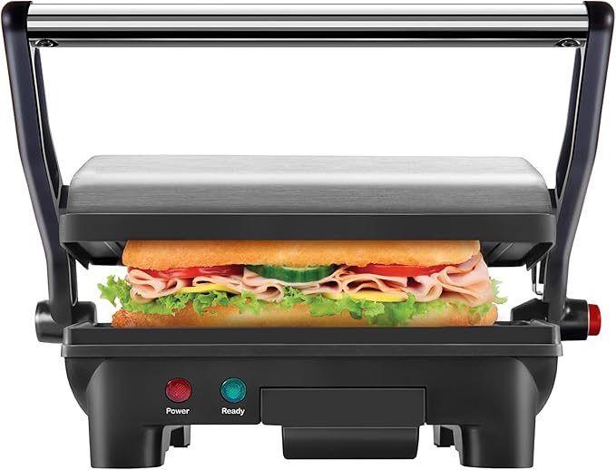 Chefman Electric Panini Press Grill, Compact 2-Slice Sandwich Maker, Non-Stick Coated Plates, Opens 180 Degrees, Dishwasher Safe, Removable Drip Tray, Stainless Steel/Black