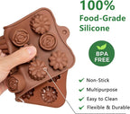 6 Pack Flower Shape Chocolate Candy Molds Silicone, Food-Grade Non-Stick Jelly & Baking Molds, Crayon Molds, BPA-Free, Including Heart, Rose, Tulip, Daisy, Sunflower, and Other Flowers (Brown)
