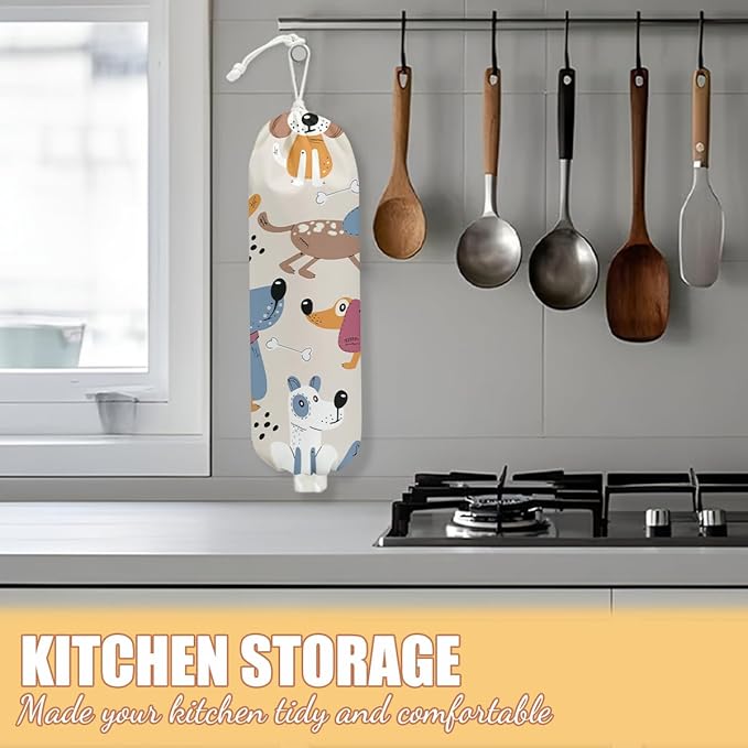 Dog Plastic Bag Holder, Wall Mount Grocery Bag Holder, Plastic Storage bag, Pull Rope Free Adjustment, Plastic Bag Holders for Grocery Bags, Plastic Bag Dispenser for Home Kitchen, Dog Lover Gifts