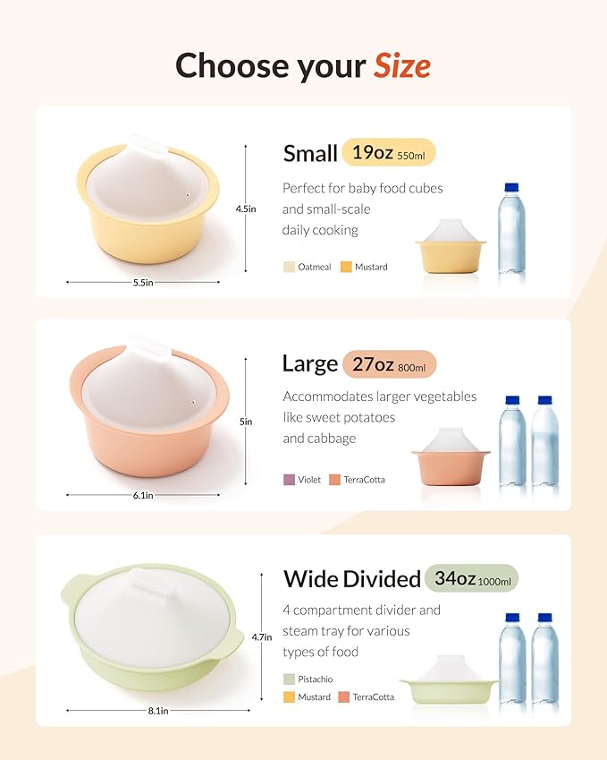 Moyuum Silicone Microwave Divided Steamer | Made in Korea, Baby Food Maker Bowl with 4 Compartment Divider and Steaming Tray, Steam Cooking Pot for Purees and Vegetables, Dishwasher Safe - Pistachio