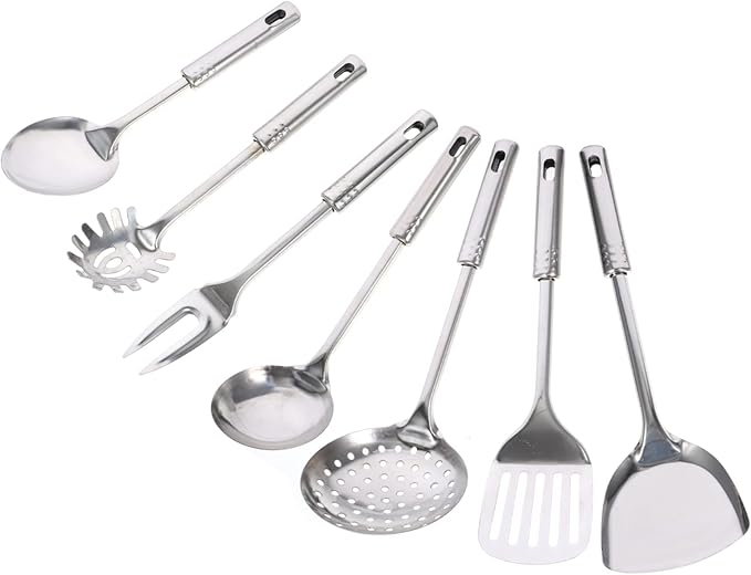 7-Piece Stainless Steel Kitchen Utensil Set Ladle Strainer and Spatula Sturdy Cooking Tools for Home Chefs for Soup Frying and Serving