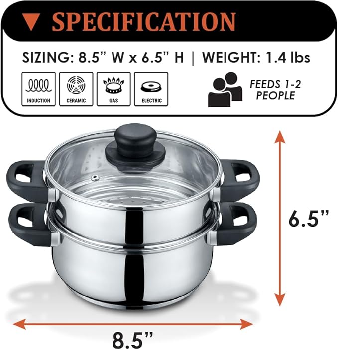 CONCORD 3 Quart Stainless Steel 3 Piece Steamer Cookware Set. Features 2 Quart Veggie Steamer and 3 Quart Cooking Pot with tempered glass lid. (INDUCTION COMPATIBLE)