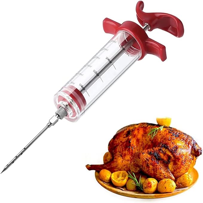 Meat Injector Syringe - 3 Marinade Injector Needles for BBQ Grill, Premium Portable Turkey Injector kit for Smoker,Marinades Injectors for Meats With 1oz Large Capacity 1 Brush Easy to Use & Clean Red