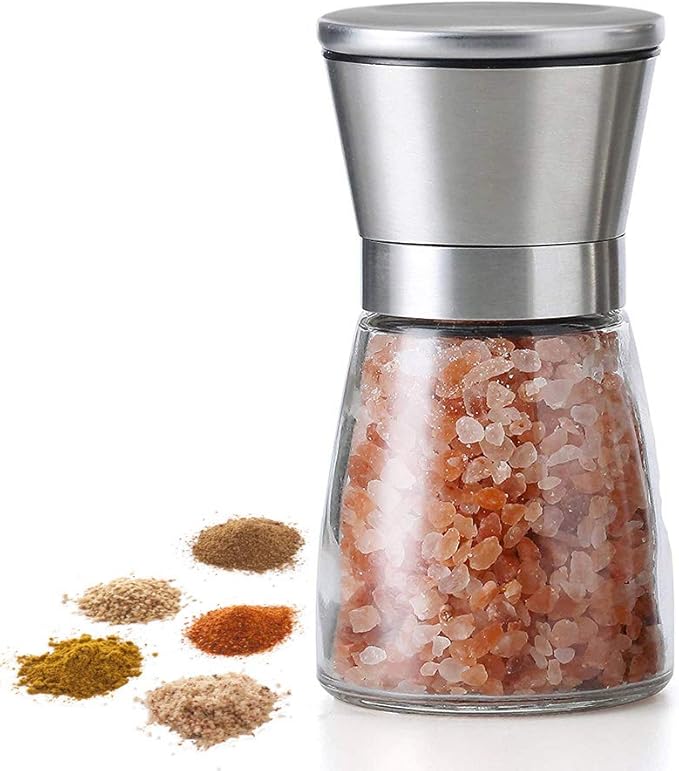 Salt and Pepper Grinder Short Size - Black Pepper,Herb Shakers Mill Refillable Manual - Stainless Steel Lid - Adjustable Coarseness - Glass Material- Fits in Home,Kitchen,Barbecue