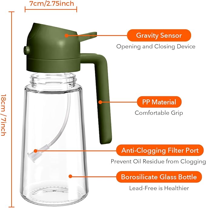 YARRAMATE 2Pcs 16oz/470ml Glass Olive Oil Sprayer for Cooking with Stickers, 2 in 1 Oil Dispenser for Kitchen Gadgets, Food Grade Premium Spray Bottle for Salad, BBQ (Black&OliveGreen)