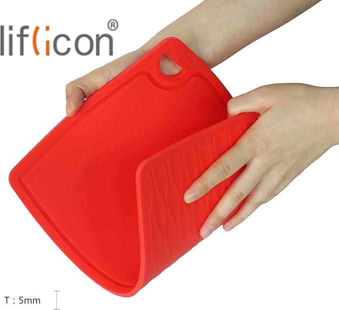 Liflicon Thick Cutting Boards for Kitchen Silicone Chopping Board Set of 2 Mid 12.6'' x 9.1”,Mini 9.1”x7.1” Non-slip Deep Drip Juice Groove Easy Grip Handle,Dishwasher Safe-Red