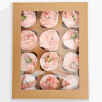 qiqee Auto-pop Up Cupcake Boxes with Window Brown 40PCS 12 Count Cupcake Box 13"x10"x3.5" Cupcakes Carrier, 12 Cupcake Containers with 2 rolls of pink ribbons