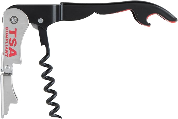 True Jetsetter TSA Compliant Double Hinged Waiters Corkscrew Wine Opener, Durable Stainless Steel with Built-in Bottle Opener and Foil Cutter for Travel, Outdoor Adventures, Home Bar, Set of 1, Black
