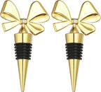 uxcell 2 Pcs Bow Wine Stopper, Reusable Wine Stoppers Airtight Leak-proof Bottle Plugs Liquor Saver Beer Beverage Glass Bottles Stopper for Bar Holiday Party Home Decor, Gold