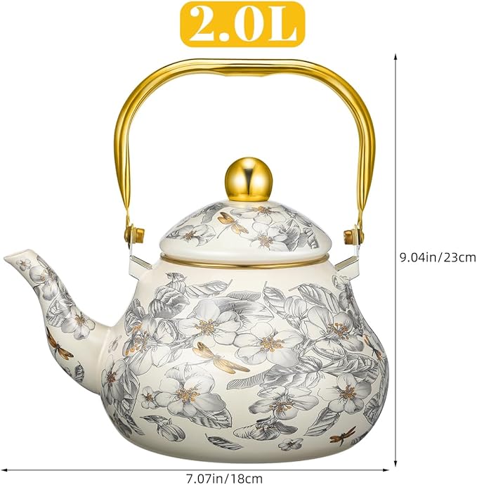 Cabilock Vintage Enamel Tea Kettle, Floral Enamel on Steel Teapot 2L Stovetop Ceramic Teakettle Retro Classic Water Boiler with Cool Handle for Home Kitchen Decor