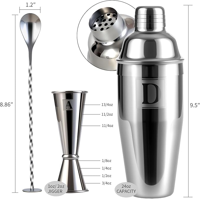 24oz Cocktail Shaker Set with 1 oz 2oz Jigger - Monogramm Initials Martini Shaker Set - 304 Stainless Steel Bar Shaker for Margarita,Mojito-Personalized Gift for Friend,Husband-S