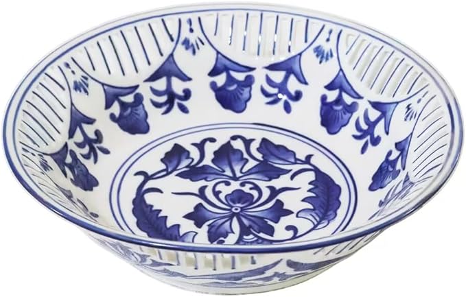 Aimusego Decorative Porcelain Fruit Serving Bowl Basket for Home and Kitchen, Chinoiserie Blue and White Floral Design, Scalloped Edge with Cutout Pattern (Leaf)