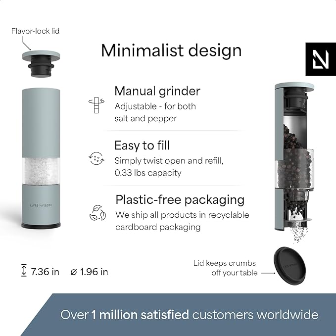 LARS NYSØM Salt and Pepper Grinder Set Manual, Stainless Steel Salt and Pepper Mills with Adjustable Ceramic Grinder I Design Spice Shakers (Sky Blue)