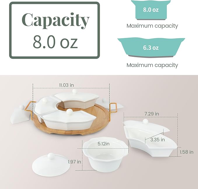Party Serving Trays and Platters, Ceramic Lazy Susan Serving Tray with Divided Sections Appetizer Rotating Serving Tray for Fruits, Veggies, Chips and Dip Serving Set