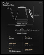 Cocinare Barista Collection Gooseneck Electric Kettle, ±1℉ Precise Temperature Control for Pour-Over Coffee & Tea, Quick Heating 1500W, Stainless Steel Interior, 0.9L (Matte Black)