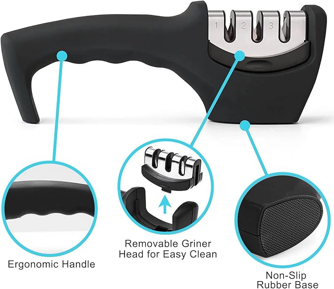 Elite Kitchen Knife Sharpener with 3 Stages, Professional Manual Blade Sharpening System, Ceramic Stone, Tungsten Carbide Plates, Diamond rods, Ergonomic Handle, Non-Slip Base,Stylish Black