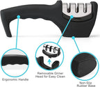 Elite Kitchen Knife Sharpener with 3 Stages, Professional Manual Blade Sharpening System, Ceramic Stone, Tungsten Carbide Plates, Diamond rods, Ergonomic Handle, Non-Slip Base,Stylish Black
