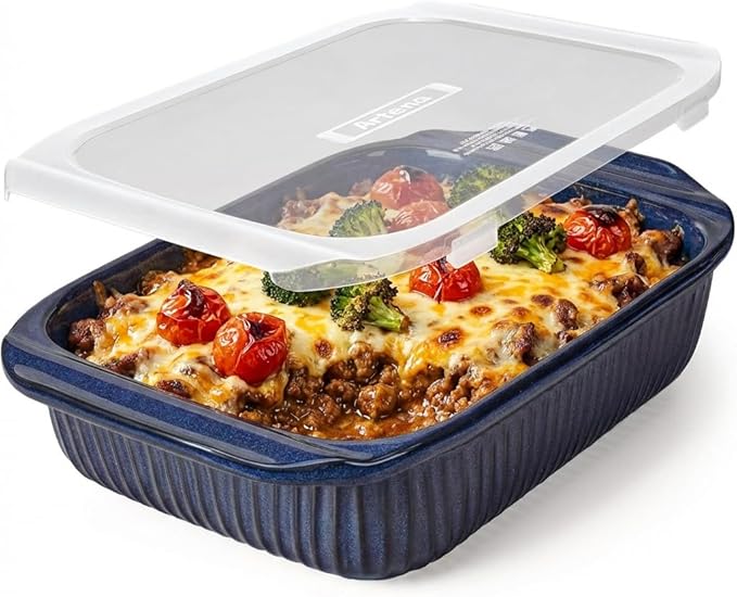 Artena Baking Dish 5.1 Quarts, Casserole Dishes For Oven, Baking Pan With Handles, Lasagna Pan Deep, Large Casserole Dish, Rectangular White Ceramic Bakeware, Blue (Baking Dish With Lids)
