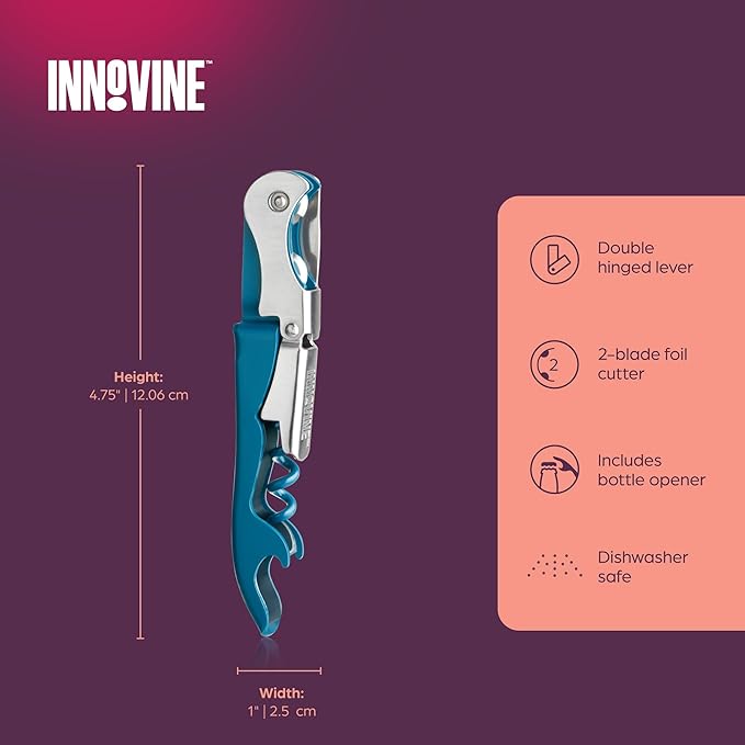 Innovine Double Hinge Corkscrew, Stainless Steel Wine Opener with Dual Leverage and Built-In Foil Cutter, Perfect for Home Bar, Travel, Camping, Picnic, Outdoor Party, Set of 1, Deep Teal