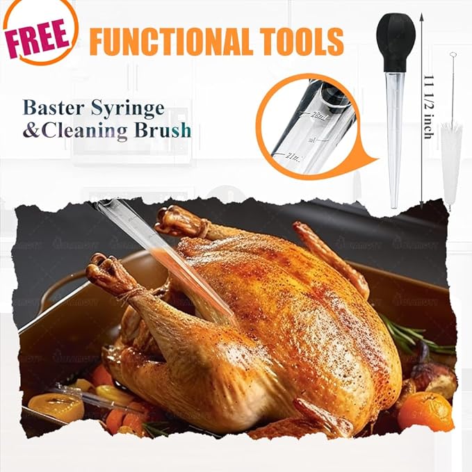 Turkey Roaster Roasting Rack with Pan, Stainless Steel Poultry Turkey Roasting Pan for Smoker Smoking and Grilling/Dual Purpose fit for Oven, Large Size Big Green Egg and Kamado Joe Etc
