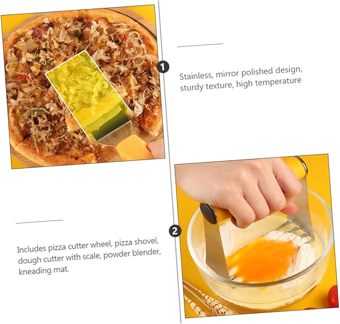 Zerodeko 5pcs Stainless Steel Pizza Cutter and Silicone Dough Kneading Mat Set with Measurement for Baking and Kitchen Cooking Tools