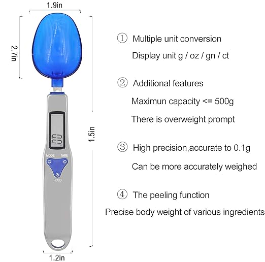 3T6B Grams Digital Kitchen Measuring Spoon,Three Different Specifications Food Scale Spoon with Scale Design, Weight from 0.1 Grams to 500 Grams Support Unit g/oz/gn/ct (with 2 AAA Batteries)