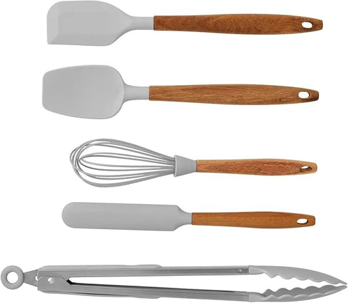 10-Piece Silicone Kitchen Utensils Set with Acacia Wood Handles, Nonstick Safe, Heat Resistant Cooking Tools for Everyday Use (Gray)