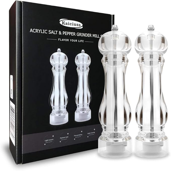 salt and pepper grinder mill set refillable large,the best transparent acrylic grinders for whole peppercorn and himalayan salt