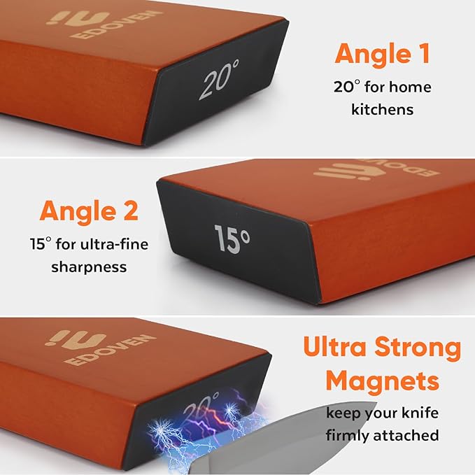 Premium Rolling Knife Sharpener Kit - Magnetic Manual Knife Sharpener with Diamond & Ceramic Discs, Two Extra Discs, Leather Strop & Stand, 15° & 20° Angle Guides, Gift for Chefs & Home Cooks
