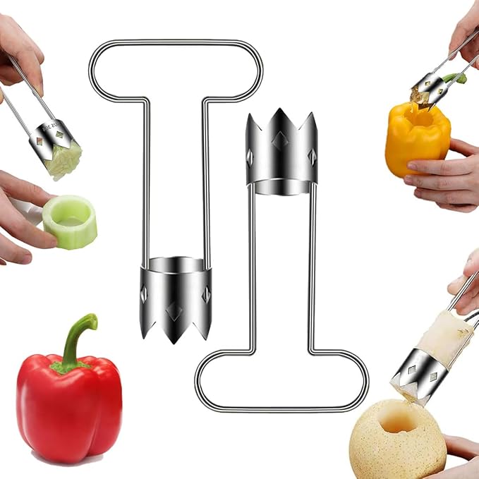 2 PCS Pepper Corer & Seed Remover, Stainless Steel Vegetable and Fruit Corer Tool, Easy Core Remover for Bell Pepper, Jalapeno, Pineapple, Pear – Kitchen Gadget Set