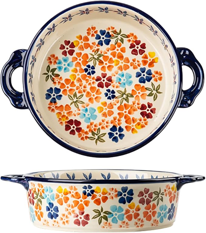 Colorful Cherry Blossom Flowers Vintage Style Ceramic Bakeware Dish Casserole Dish Baking Pan Lasagna Pans with Handles for Oven/Cooking/Kitchen, 1 PCS, 32 oz
