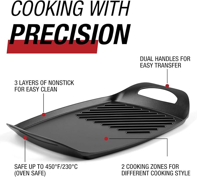Techwood Stove Top Griddle, 17"X11" Nonstick Double Burner Griddle Pan for Indoor/Outdoor Cooking, PFOA Free, Oven & Broiler Safe, Compatible with Multiple Stovetops, Dishwasher Safe