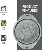 Dexas 10" Collapsible Silicone Colander in Sage, Kitchen Strainer with Handles, 15.1 Cup Capacity | BPA-Free, Heat-Resistant, Space-Saving Kitchen Tool